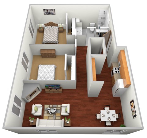 Floor plan for 2 beds, 1 bath, 974 sqft